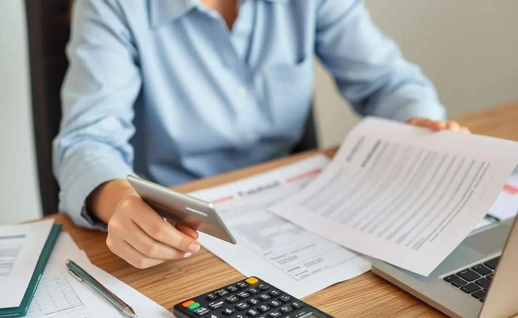 A relaxed person at a desk with papers, a calculator, and a credit card, managing finances