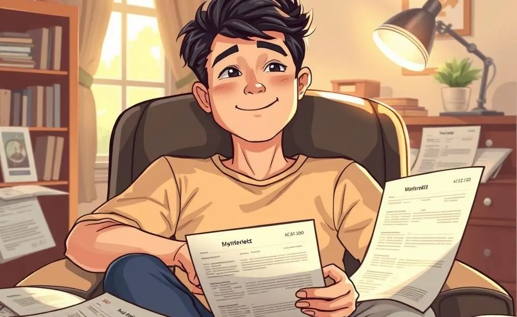 Illustration of a person looking relieved sitting amidst paid-off debt paperwork.