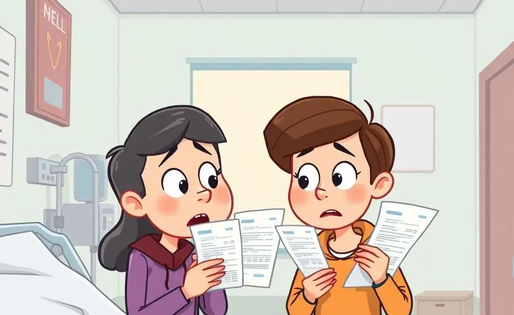 Two people in a hospital looking at medical bills