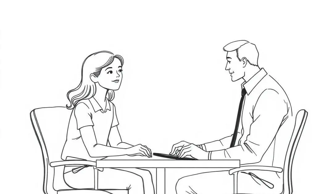 Minimalist drawing of a young person gaining experience with a mentor in an office setting