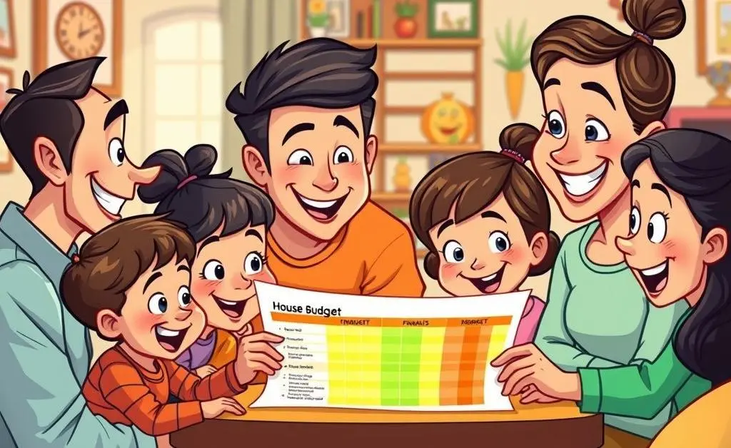 A cartoon-style family examining a house budget plan