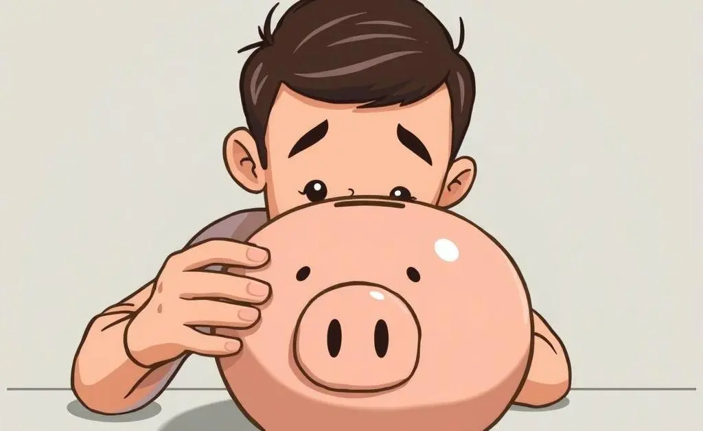 A person looking at a piggy bank, setting realistic saving goals.