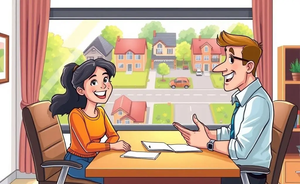 Cartoon of a couple receiving advice from a realtor at a desk