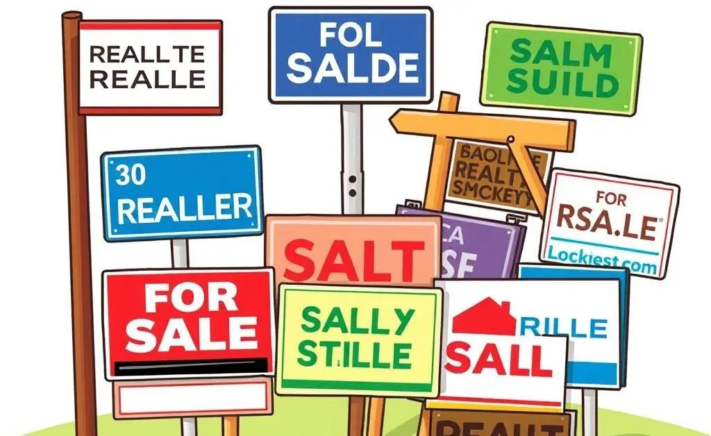 A cartoon-style image of various realtor signs arranged creatively.