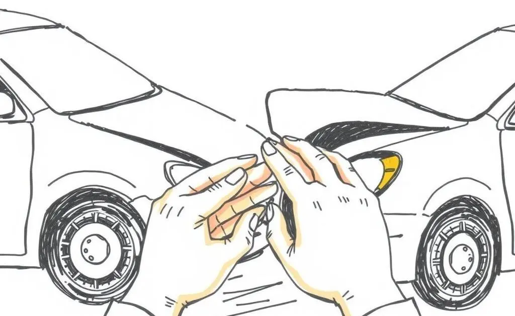 Close-up image of two cars in a minor accident with a focus on damaged parts