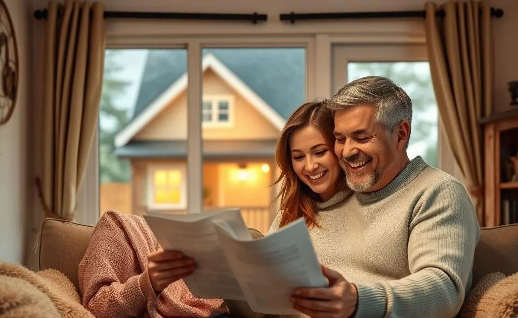 A happy couple reviewing documents with a home in the background