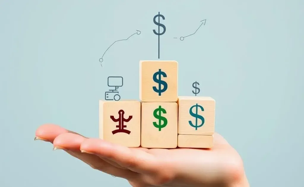 A hand holding building blocks with financial symbols, representing rebuilding a financial portfolio.