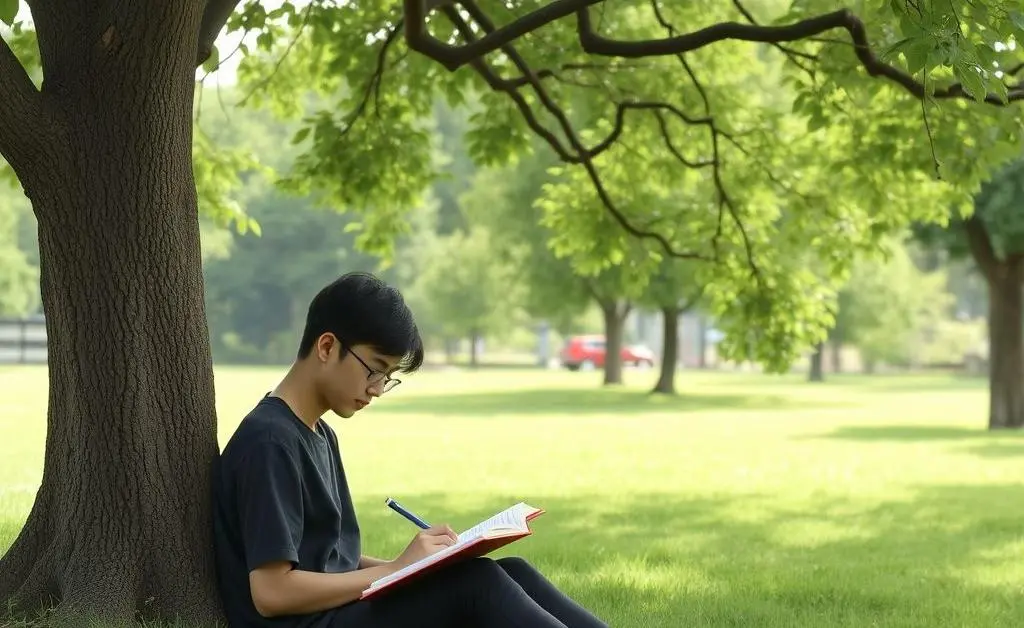 A calm, serene scene with a student sitting under a tree, writing in a journal on financial growth.