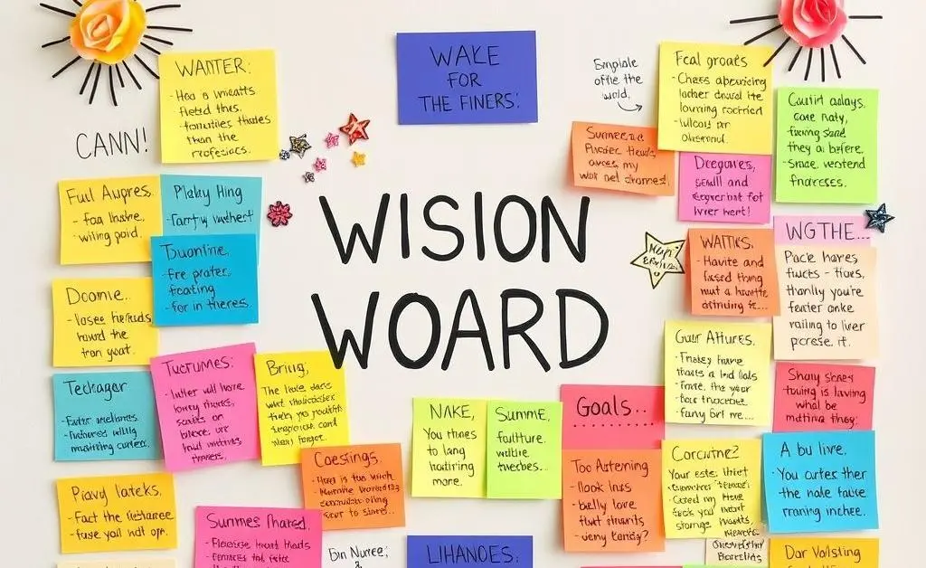 A colorful vision board filled with goals and dreams for the future.