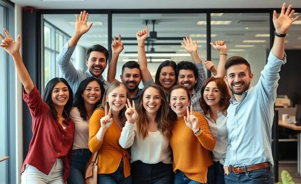 A cheerful team celebrating their achievements together in a modern office environment