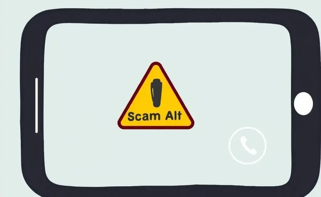 Illustration of a phone screen showing an incoming call with 'Scam Alert' on it.