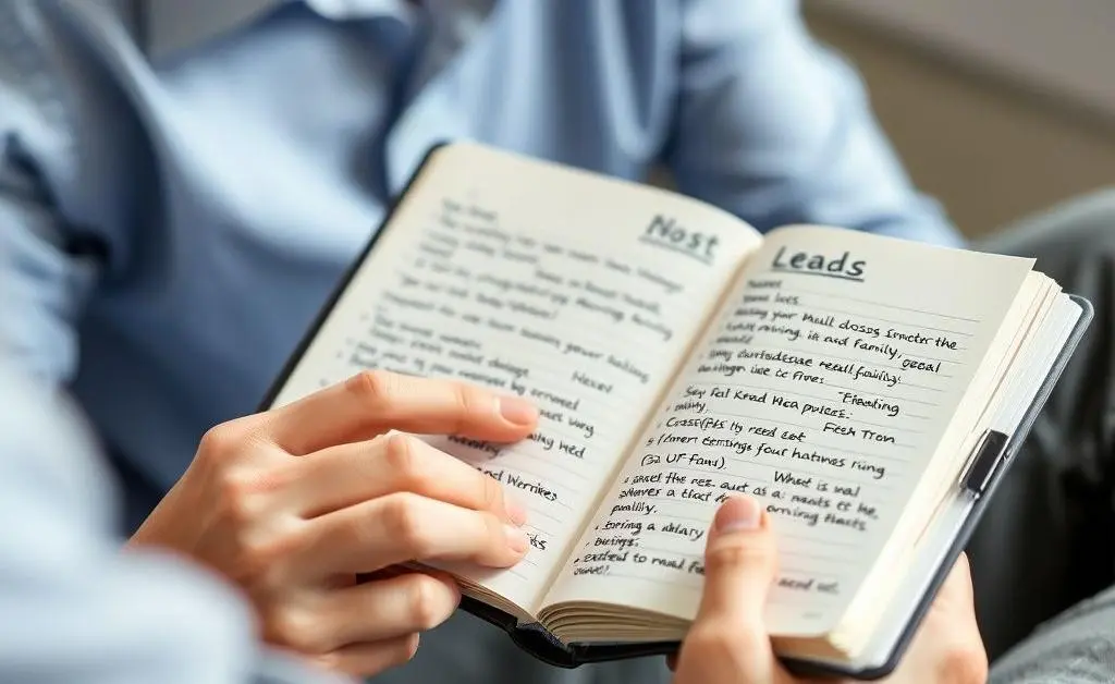 A person thoughtfully revisiting a notebook filled with notes on multifamily real estate leads.
