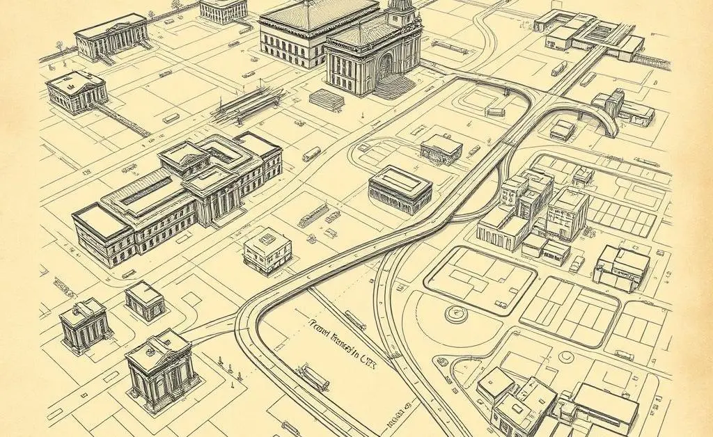 Hand-drawn style image of a blueprint with reconstruction plans, including buildings and infrastructure.