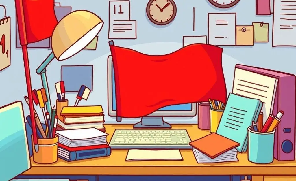 Cartoon-style illustration of a desk with essential work items and a red flag subtly incorporated.