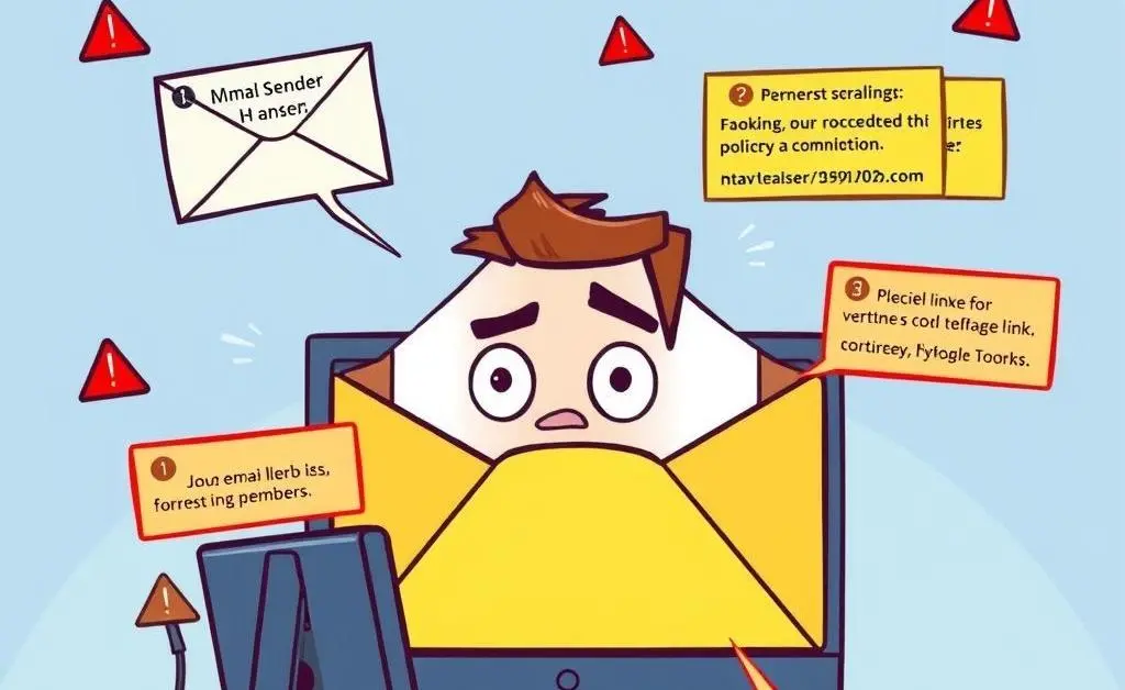Cartoon illustration showing common red flags in scam emails, like peculiar sender addresses and suspicious links.
