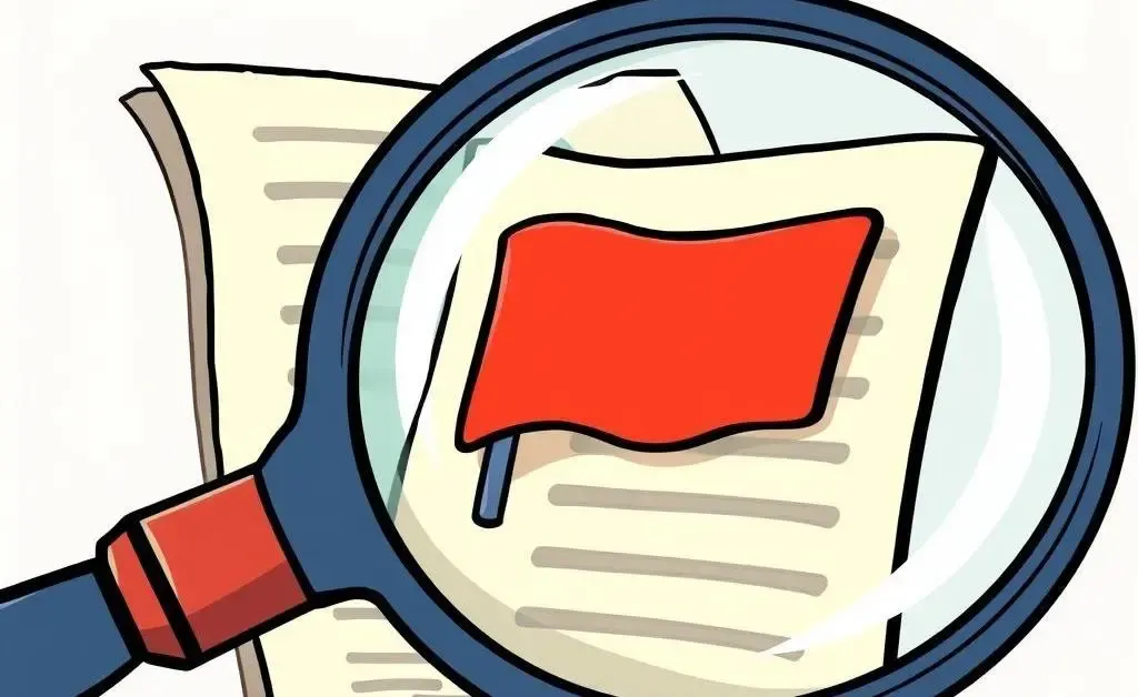 A cartoon-style image of a magnifying glass highlighting a red flag symbol on a document.
