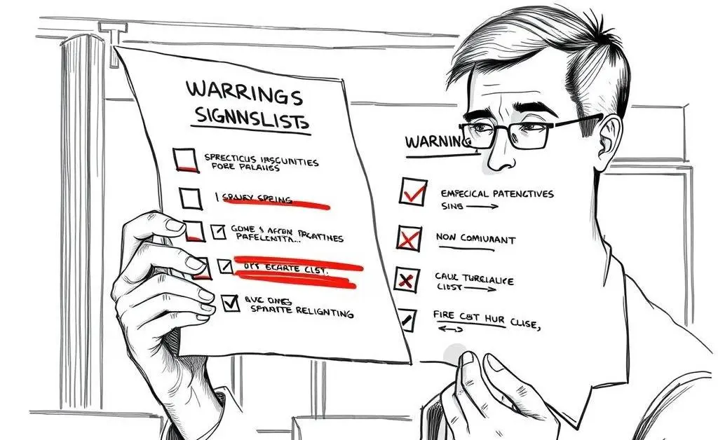 Hand-drawn image of a person looking at a checklist of red flags in a business setting.