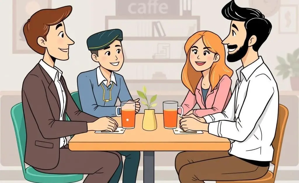 Illustration of a friendly meeting at a cafe between different professionals discussing referrals.