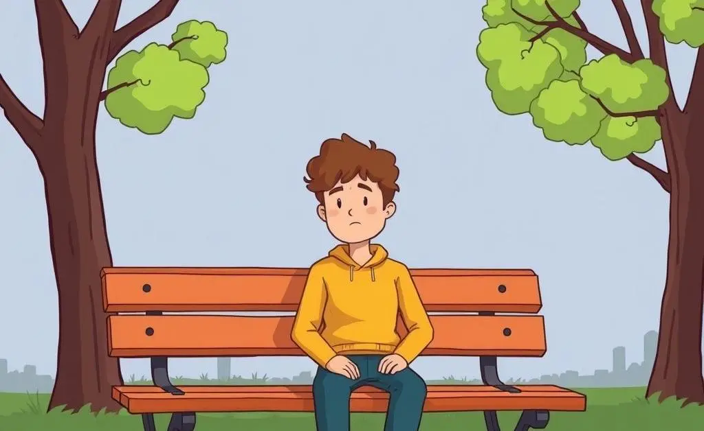 A person reflecting at a park bench thoughtfully.