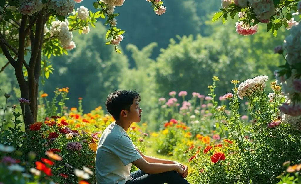 Someone sitting quietly in a garden, reflecting with a thoughtful expression