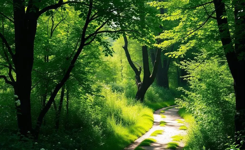 A peaceful walkway surrounded by lush greenery