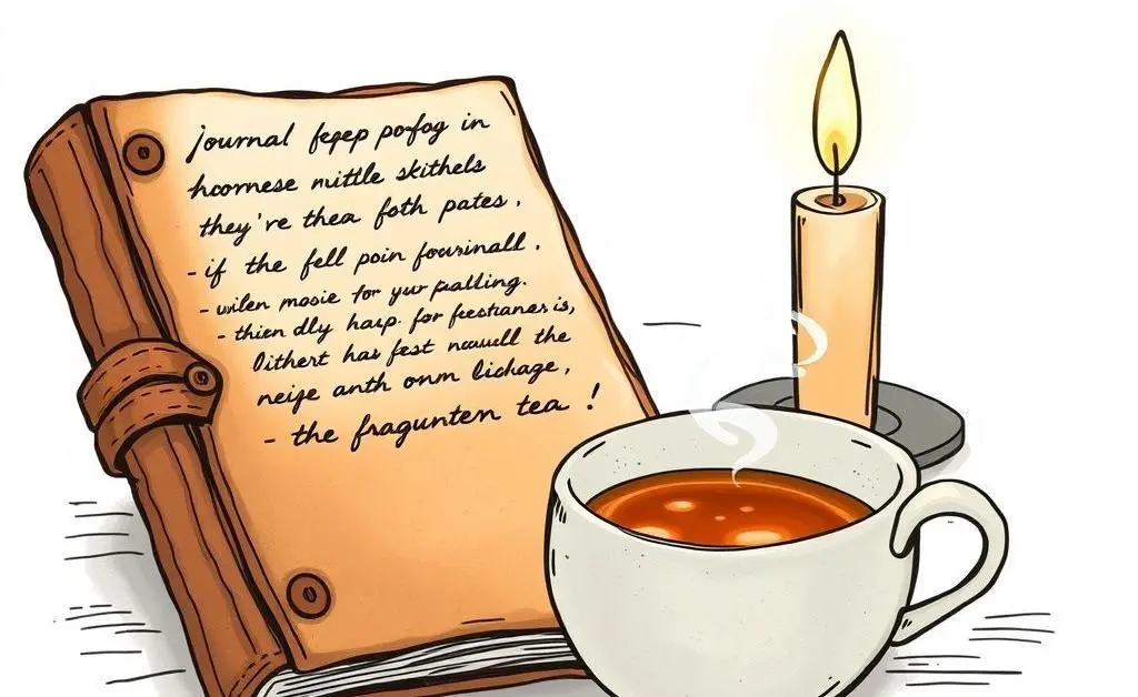 A journal, cup of tea, and candle signifying reflection and growth.