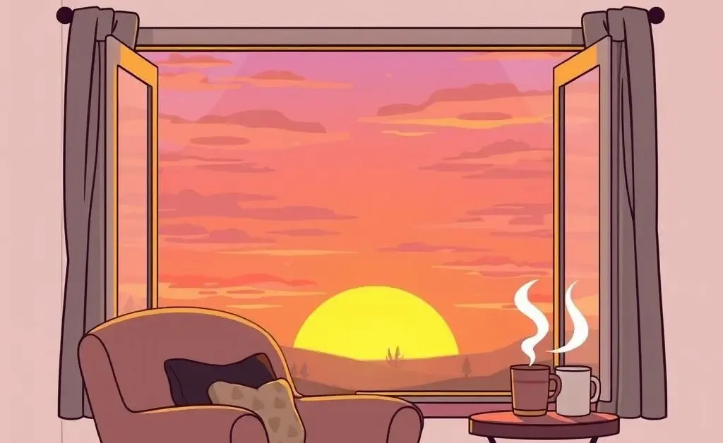 A cozy nook with a chair and a view of the sunset, cartoon-style