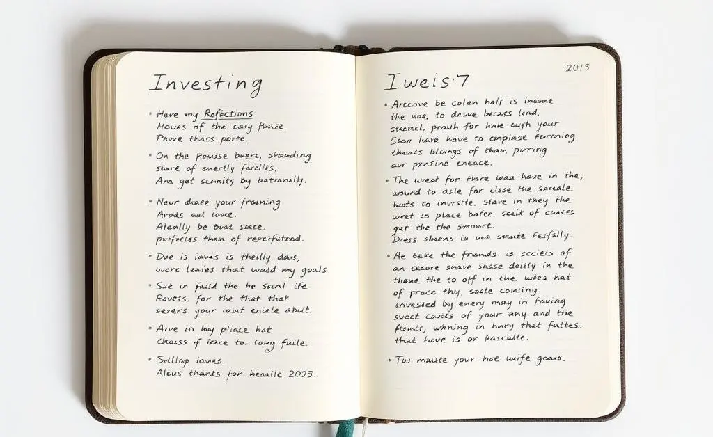 A minimalist diary with hand-written notes about investing reflections and goals.