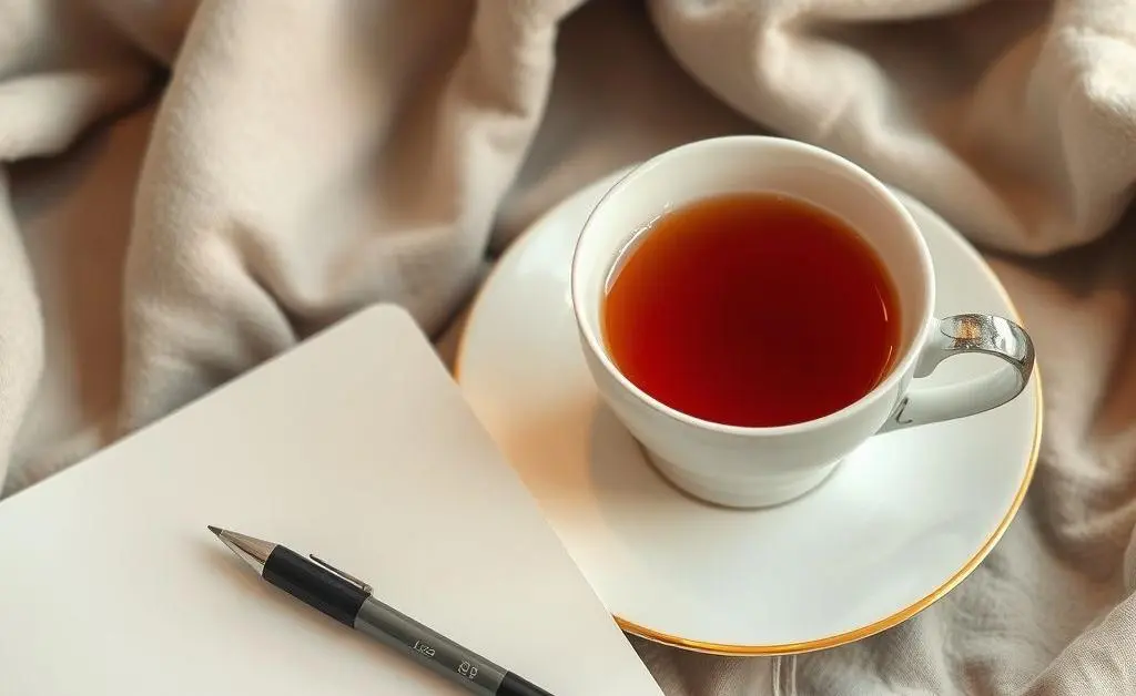 A cozy scene of a journal and a cup of tea, inviting reflection.