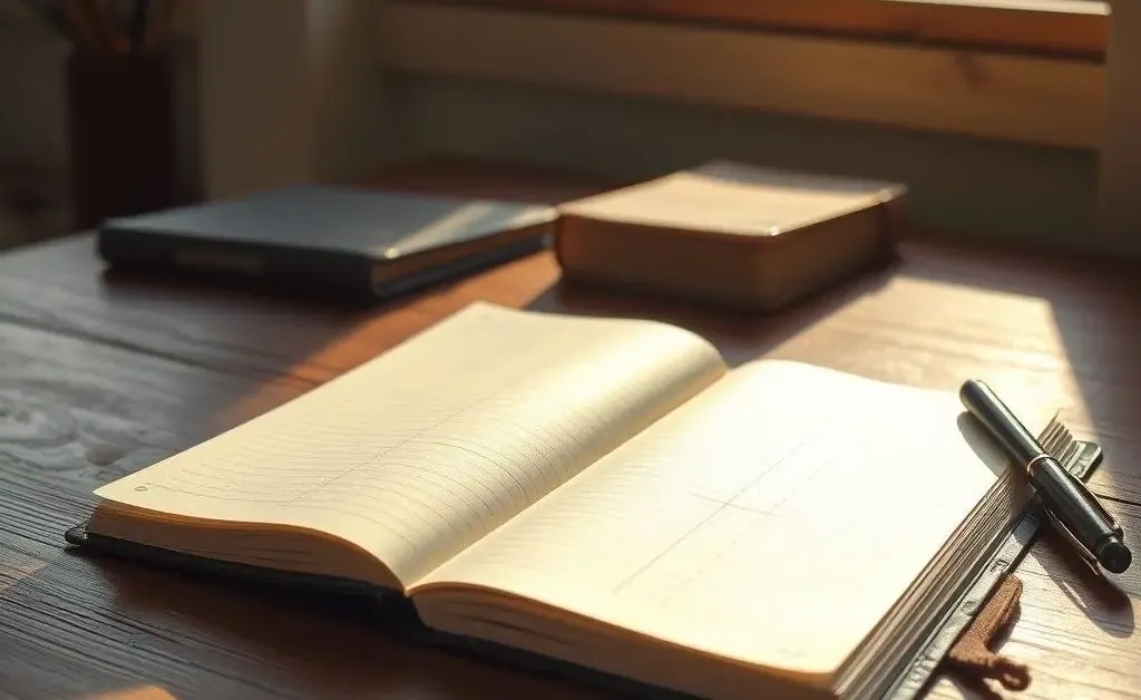 A hand-drawn journal open with a pen nearby