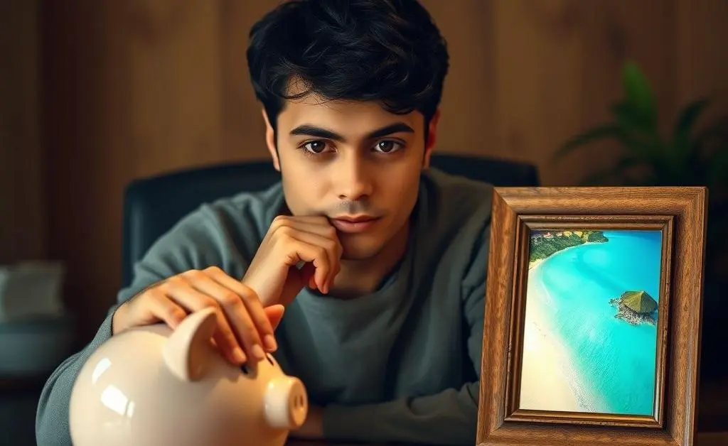 A contemplative person making a choice between a piggy bank and a vacation picture.