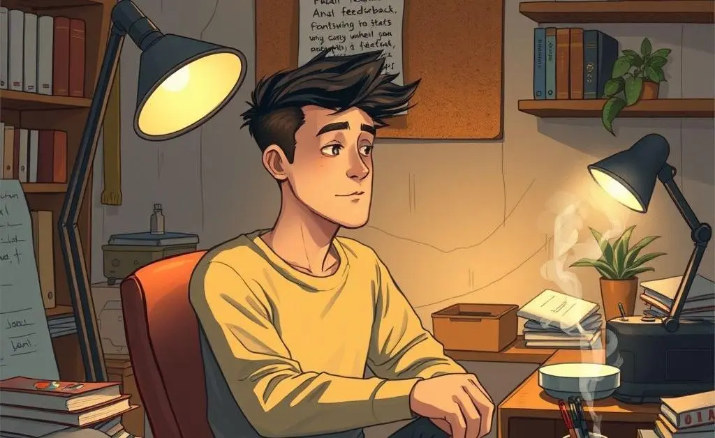 An illustrated scene of a person sitting at their desk, reflecting on written feedback