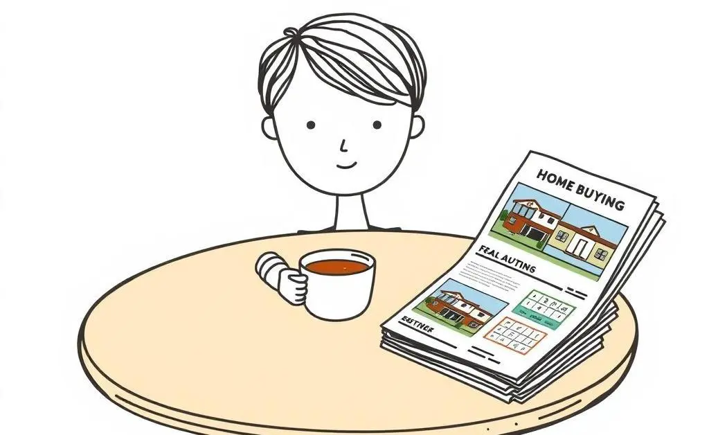 Person reflecting with coffee and home-buying brochures