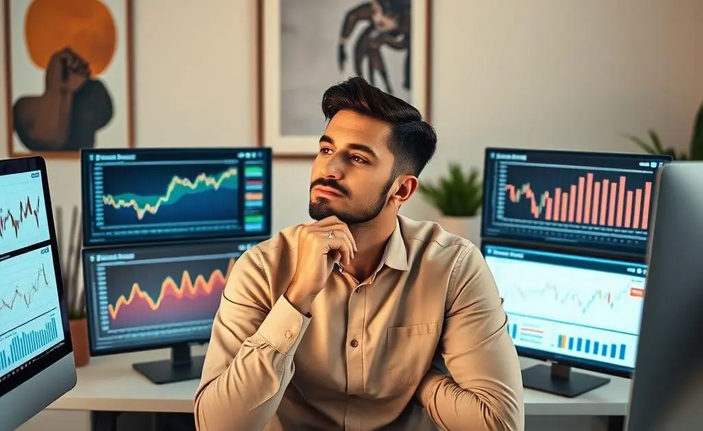 A thoughtful person sitting at a desk, contemplating investment choices with charts and graphs around them.