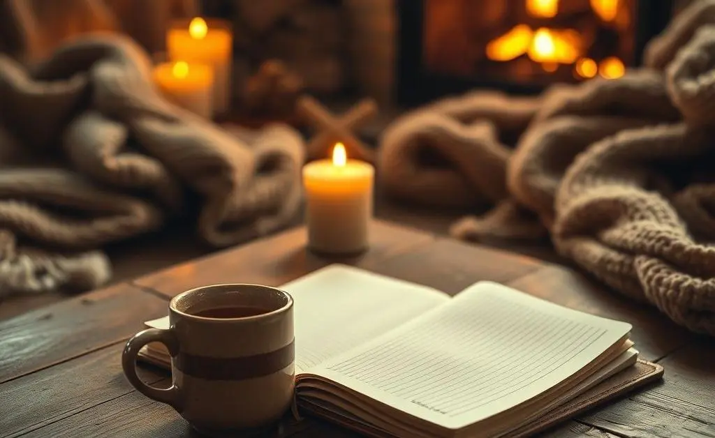 Cozy notebook with a steaming cup of tea suggesting reflection
