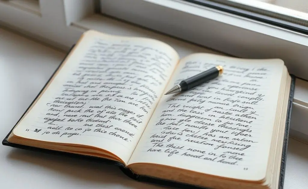 An open journal with handwritten notes, a pen resting on the page, near a window