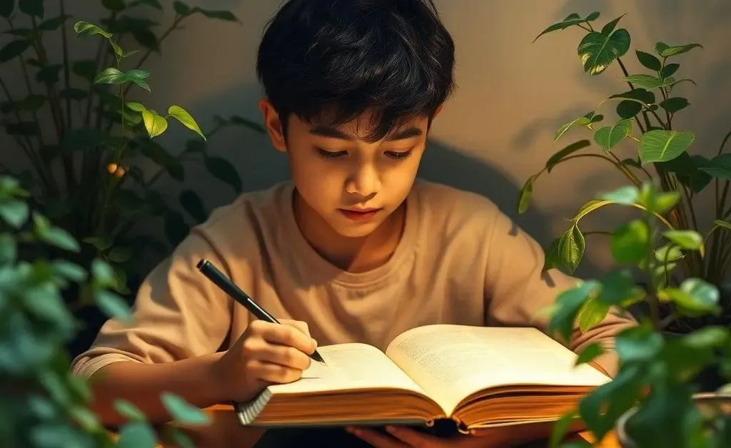Young person writing in a journal surrounded by calming elements like plants and soft lighting