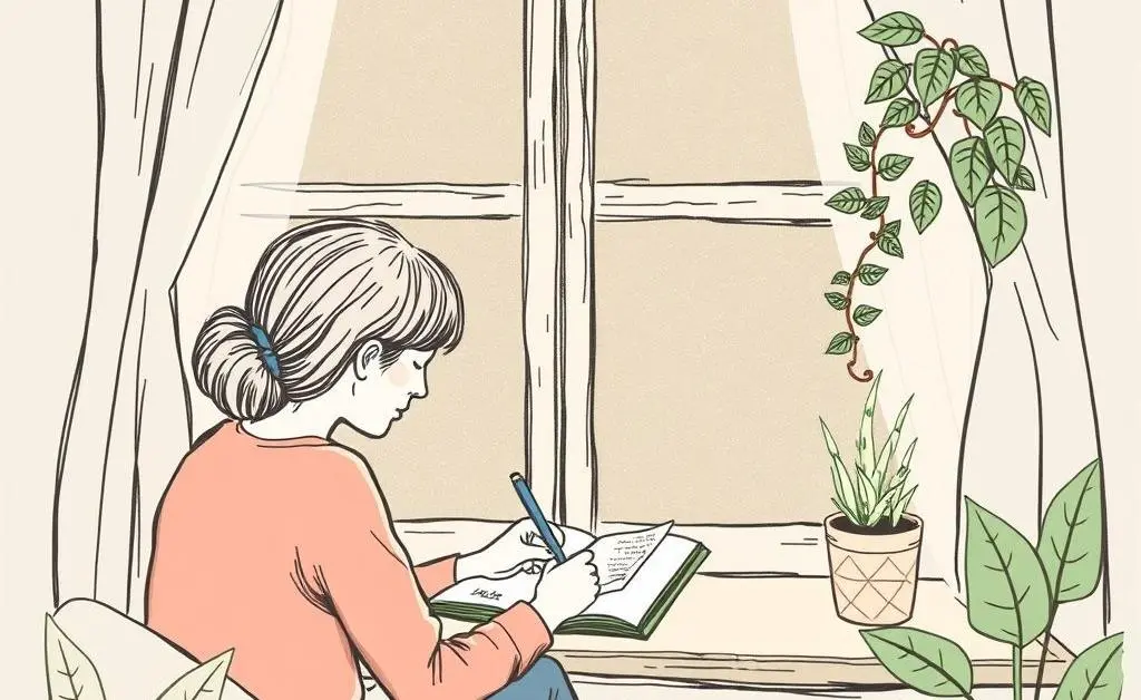 A person writing in a journal by a cozy window with plants around.