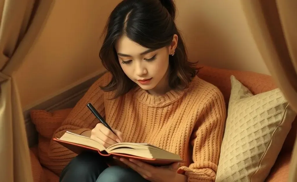 Person writing in a journal in a cozy corner