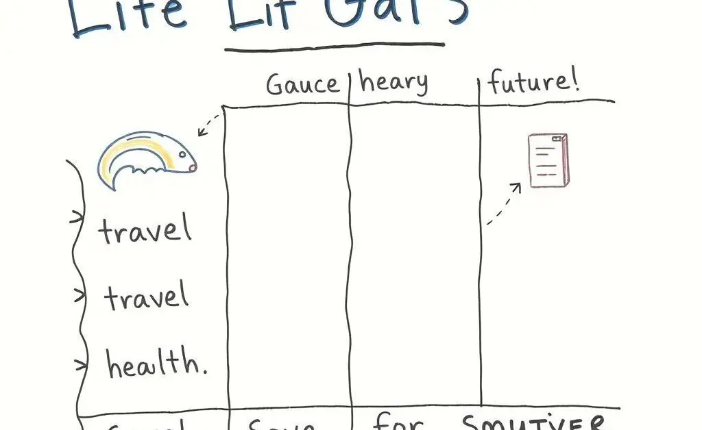 A hand-drawn chart showing life goals like travel, health, and saving for the future.