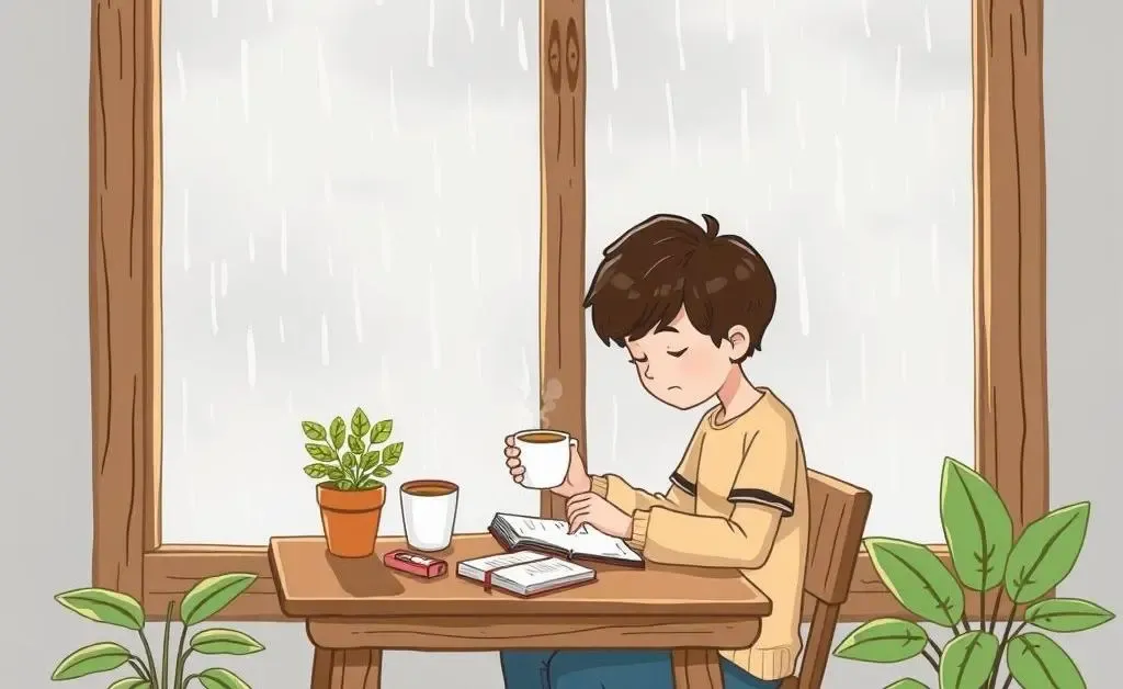 A cozy scene of a person journaling by a window on a rainy day.