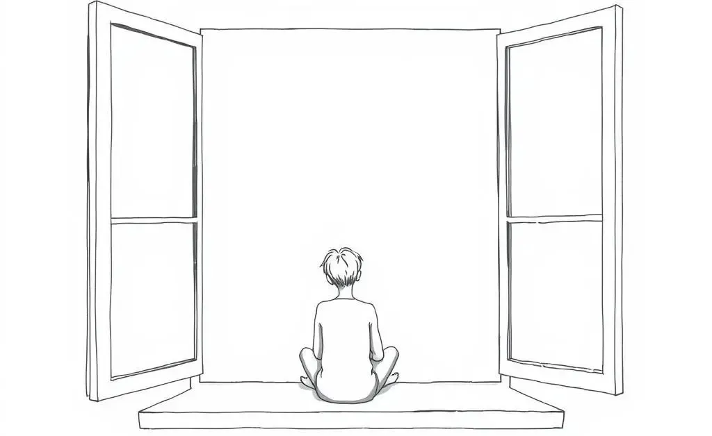 A minimalist sketch of a person sitting on a window sill, looking out thoughtfully