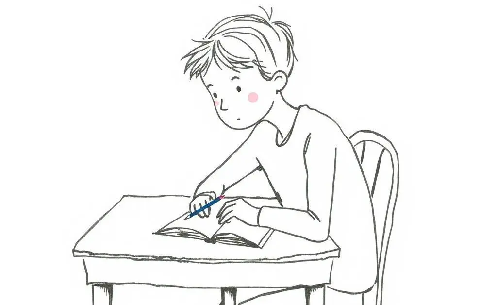 A hand-drawn image of a person sitting at a table with a journal, lost in thought
