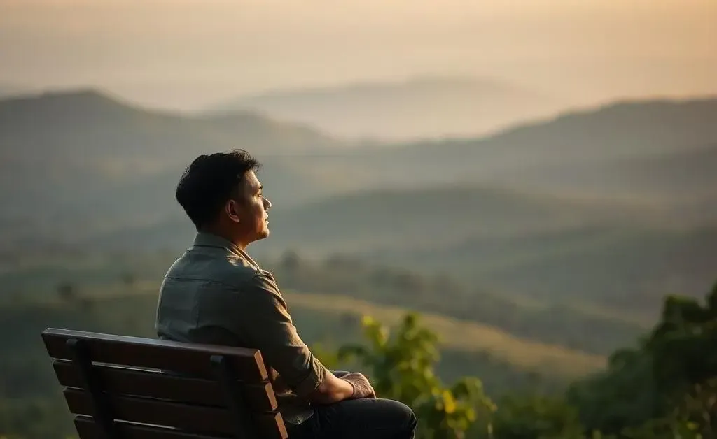 A contemplative person sitting on a park bench, looking at a serene landscape.