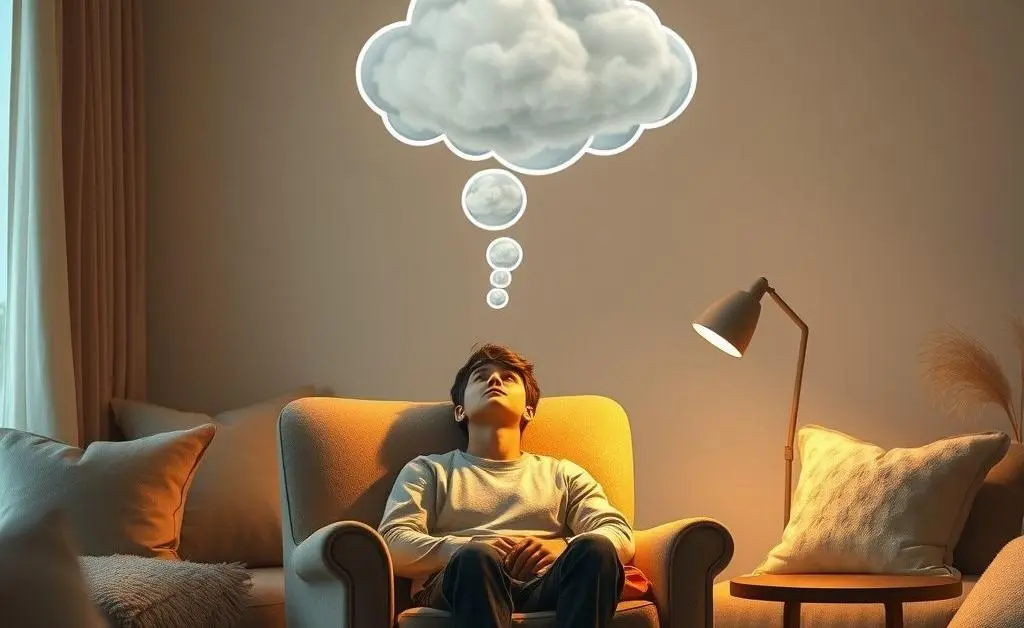 A person sitting in a cozy chair reflecting with a thought bubble overhead.