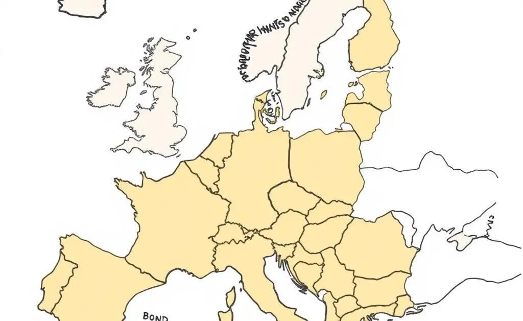 A drawing of a map highlighting different regions with bond symbols.