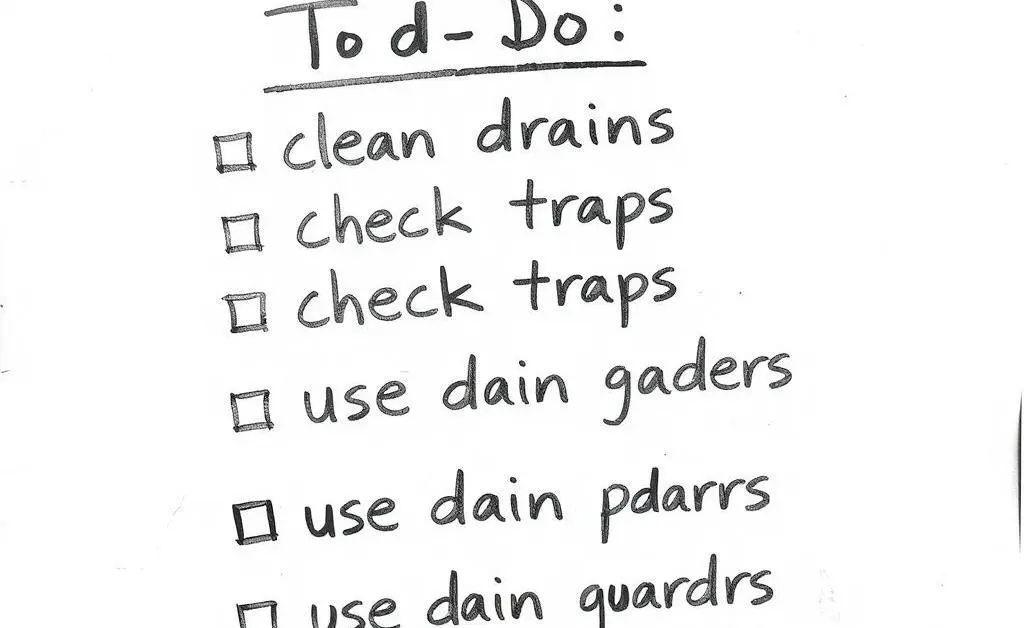 A hand-drawn style checklist with tasks like 'clean drains,' 'check traps,' and 'use drain guards,' with some items checked off.