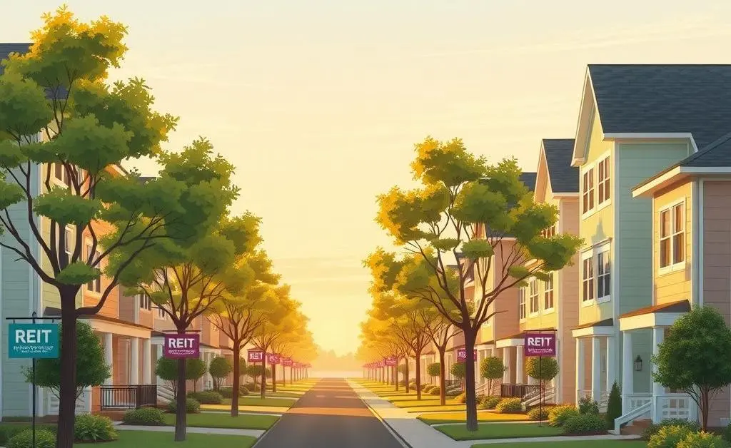 Illustration of a calm neighborhood with buildings labeled as REIT investments.