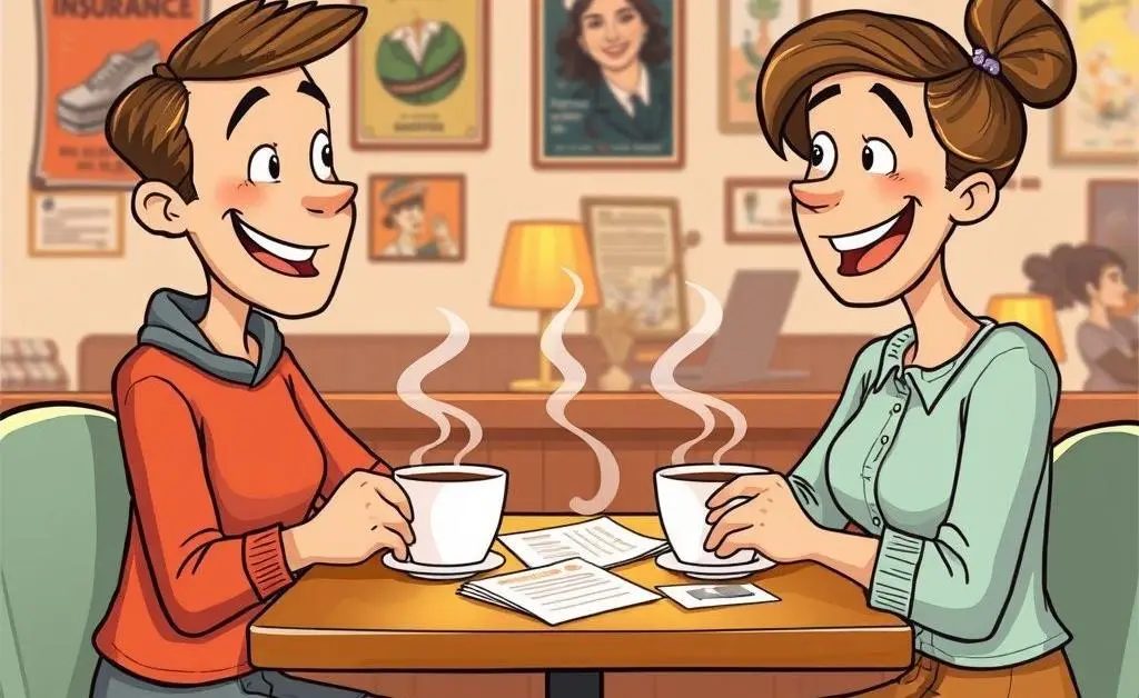 A cartoon of two friends chatting over coffee, with insurance papers on the table.