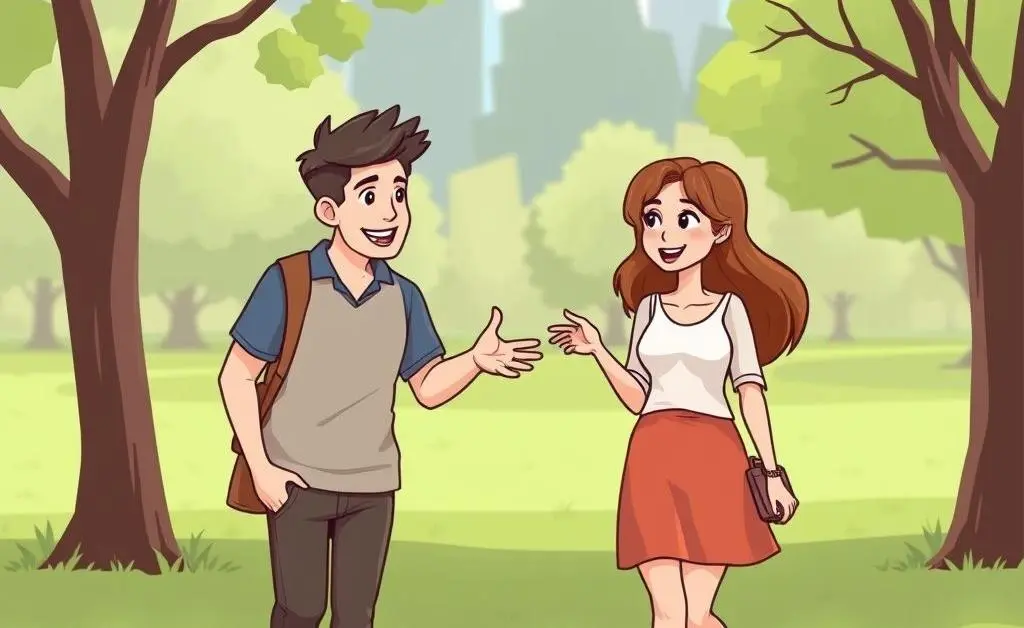 A couple walking in the park having a conversation.